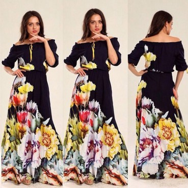 New printed one-shoulder elastic waist five-point sleeve long dress for women
