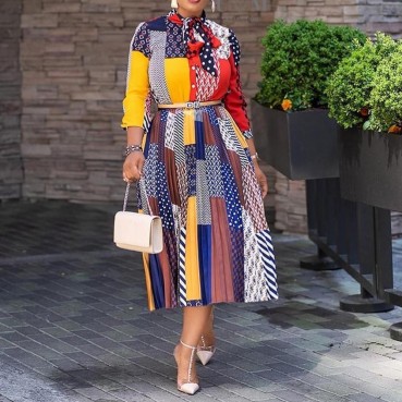 South American spring and summer new dresses, African models, digital printing, bow tie, three-quarter sleeves, mid-length dress
