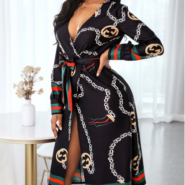 Europe and the United States hot sale new sexy baroque print waist slit dress