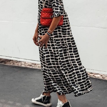 2021 spring and summer new European and American print loose long-sleeved Shift casual V-neck dress