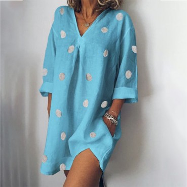 Spring and summer linen loose V-neck print nine-quarter sleeves slit dress