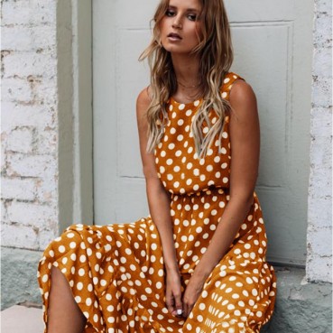 New Summer Beach Fashion All-match Print Polka Dot Round Neck and Swing Long Dress