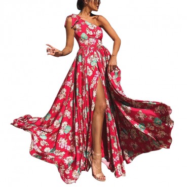 European and American vacation sloping shoulder bowknot long skirt new source printing dress