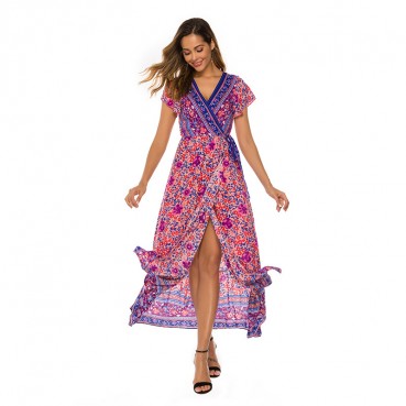 European and American spring and summer dress sexy V-neck bohemian cardigan waist printed female dress
