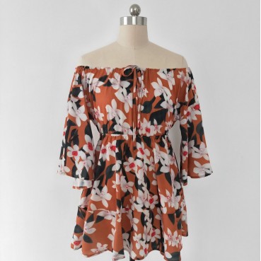 Spring and summer printed elastic waist tie women's off-the-shoulder one-neck sexy dress