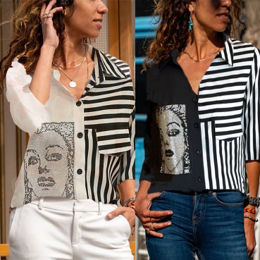 2021 spring portrait striped color matching printed blouse shirt women