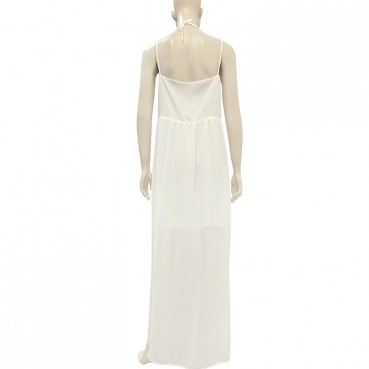 New white V-neck, low-cut, bifurcated hem, cross-strap dress on the back