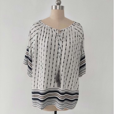 New black and white fashion geometric loose short-sleeved butterfly tassel lace-up women's blouse
