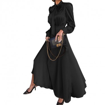 Early autumn women's pure color new European and American women's bowknot all-match long-sleeved temperament dress