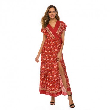 European and American women's summer new style printed split V-neck short-sleeved dress