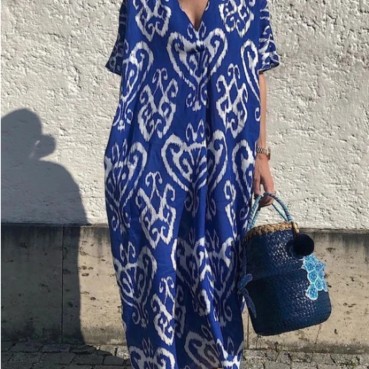 European and American fast selling summer new women's dress hot sale positioning printing V-neck short-sleeved long skirt