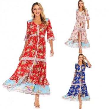 Spring and summer new women's dress with bohemian beach holiday style pleated print dress