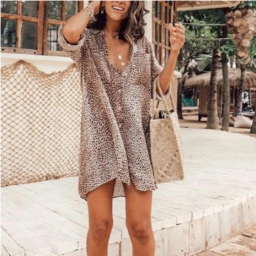 2021 European and American spring and summer new ladies leopard print long-sleeved mini skirt shirt