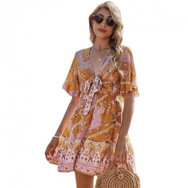 2021 spring romantic bowknot a-line skirt with V-neck holiday print dress female