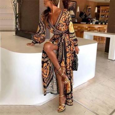 New European and American Bohemian V-neck Retro Positioning Flower Big Sleeve Long Sleeve Dress