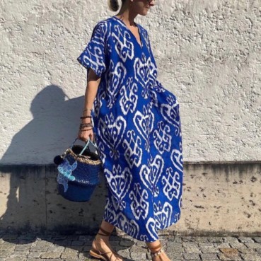 European and American fast selling summer new women's dress hot sale positioning printing V-neck short-sleeved long skirt