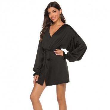 European and American sexy puff sleeve v-neck long-sleeved blouse lace dress for women