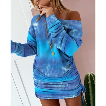 Spot the new European and American women's color contrast printing round neck long-sleeved dress