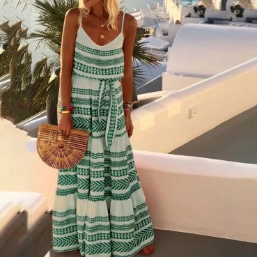 European and American new style women's bohemian style deep V-neck printed beach holiday style suspender skirt