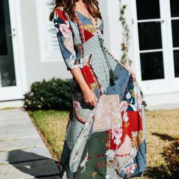 European and American Bohemian Printed V-neck Buttons Three-quarter Sleeves Large Sleeve Dress Long Dress