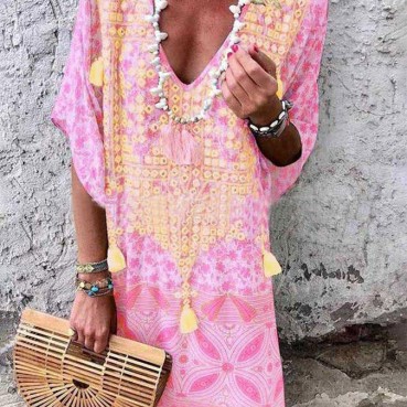New boho style sexy V-neck printed fringed dress