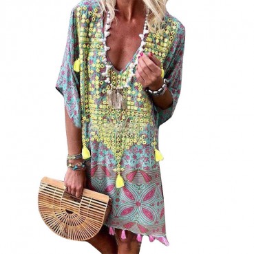 New boho style sexy V-neck printed fringed dress
