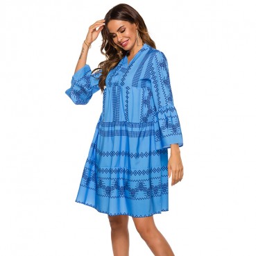 Women's Bohemian Flared Sleeve Stand Collar New Nine-Sleeve Splicing Dress