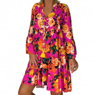 New style printed long-sleeved large-length dress European and American women's fashion plus size dress