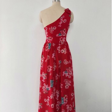 European and American vacation sloping shoulder bowknot long skirt new source printing dress