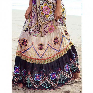 New European and American women's bohemian print dress, one-word strapless beach holiday skirt