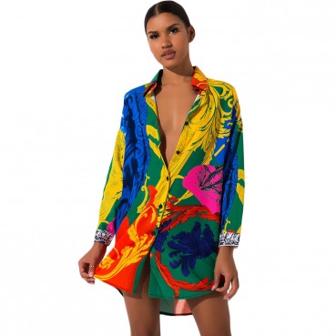 European and American long-sleeved printed shirts, mid-length loose blouses, irregular hem blouses