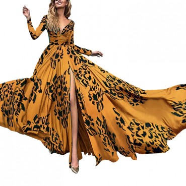 Autumn European and American dress sexy deep V-neck long-sleeved long skirt evening dress
