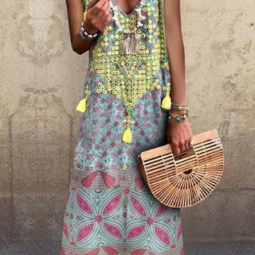 New and new Bohemian V-neck printed sleeveless dress