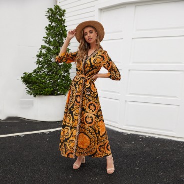 New bohemian beach sunscreen big put on women's long-sleeved dress nightgown skirt