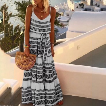 European and American new style women's bohemian style deep V-neck printed beach holiday style suspender skirt