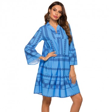 Women's Bohemian Flared Sleeve Stand Collar New Nine-Sleeve Splicing Dress