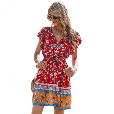 2021 new bohemian women's dress with lace V-neck rayon printed women's dress