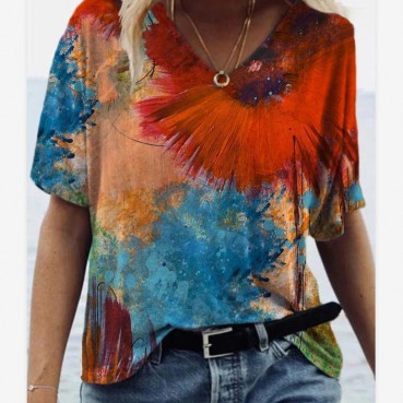Spring and summer new hot color graffiti painting printing v-neck short-sleeved T-shirt top
