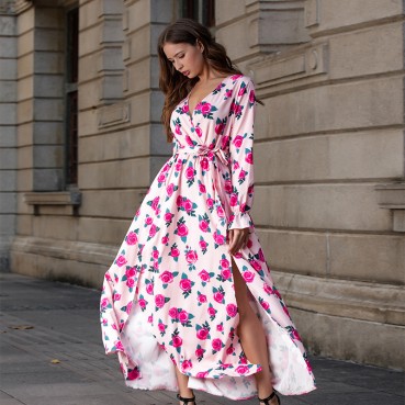 Bohemian Beach Printed Petal Sleeve Dress with Large Slit Deep V-neck Waist Tie Ladies