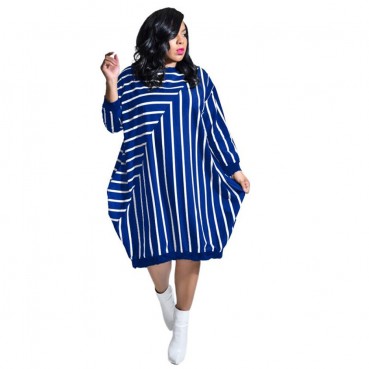 Autumn new independent stand European and American striped loose large size long-sleeved pocket dress
