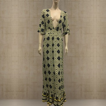 New European and American sexy V-neck ruffled short-sleeved geometric ladies long dress