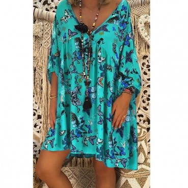 Fashion casual big V butterfly print nine-point sleeve dress