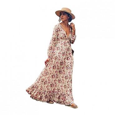 New bohemian rayon printed floral ruffled deep V-neck and large hem long dress 116