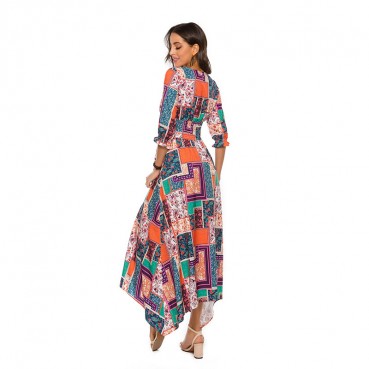 European and American new style bohemian v-neck print v-neck long-sleeved long beach dress