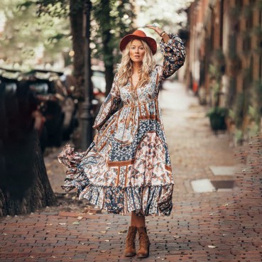 European and American spring and summer new bohemian irregular printing stitching retro big pleated pleated women's dress