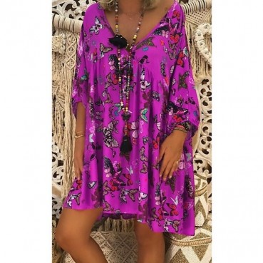 Fashion casual big V butterfly print nine-point sleeve dress