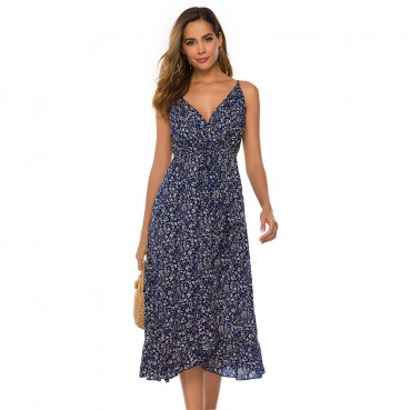 European and American new style long skirt sexy bow knot floral sleeveless suspender dress summer