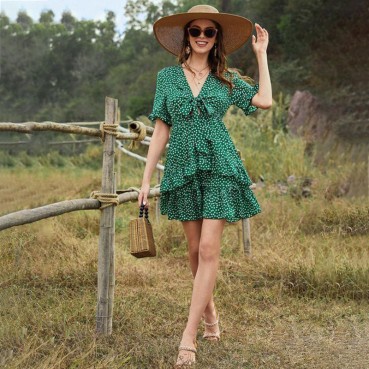 Bohemian floral stitching ruffled V-neck lace flared sleeve dress