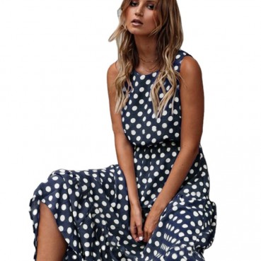 New Summer Beach Fashion All-match Print Polka Dot Round Neck and Swing Long Dress
