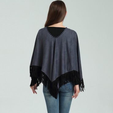 New autumn and winter new gray and black contrast color fringed deerskin velvet women's all-match shawl